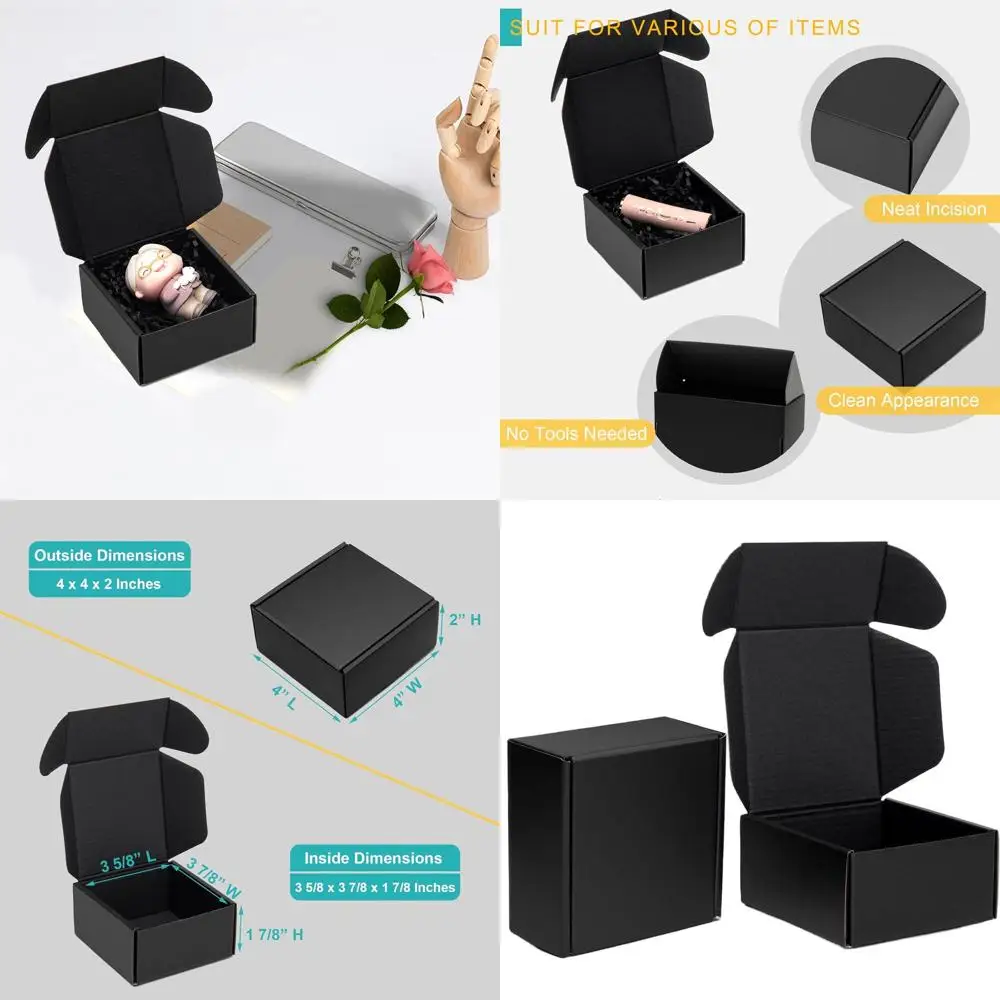 

24-Pack 4x4x2 Black Corrugated Cardboard Shipping Boxes with Tab Lock Closure for Small Business Mailing and Packaging