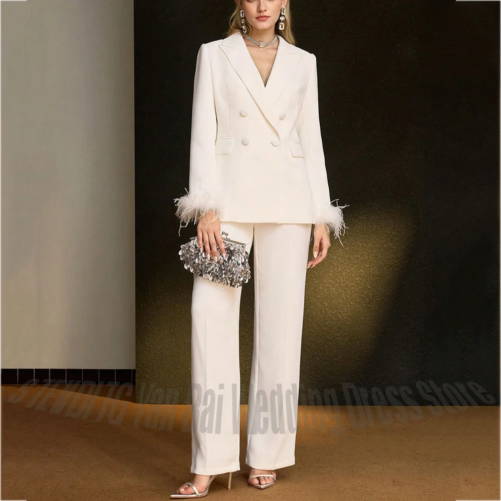 Luxury White Feather Women's Suit Elegant Classic Double Breasted Jacket Pants Formal Evening Party Wedding Guest Outfit