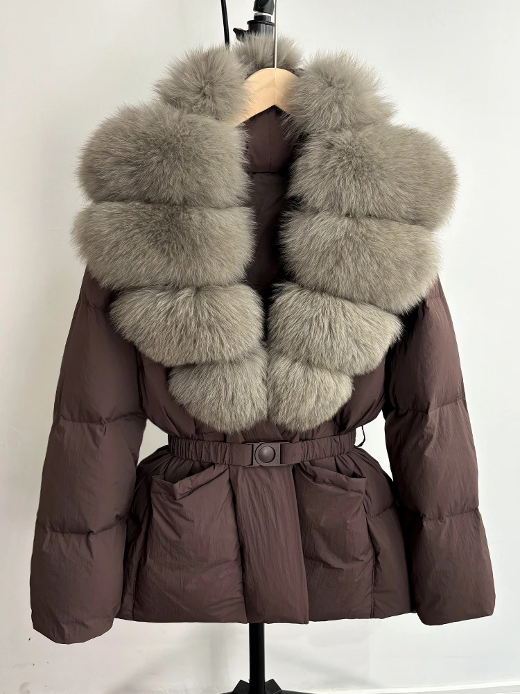 Lagabogy 2025 Large Real Fox Fur Winter Belt Waist-Tight Elegant Warm 90% White Duck Down Jacket Female V-neck Loose Puffer Coat