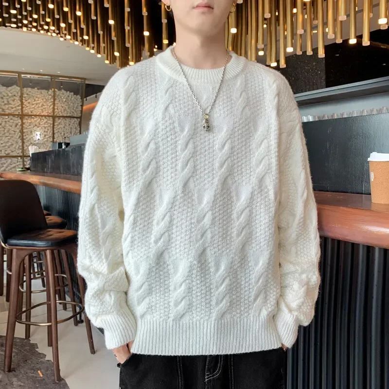 Winter Casual White O Neck Sweater Men Korean Fashion Long Sleeve Tassel Knitted Pullover Autumn Lazy Long Sleeve Knitted Jumper