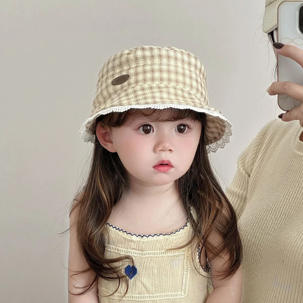 

Autumn Baby Fisherman Hats Plaid Lace Kids Boys Girls Sun Hat Spring Cotton Children Bucket Caps 1-3 Years