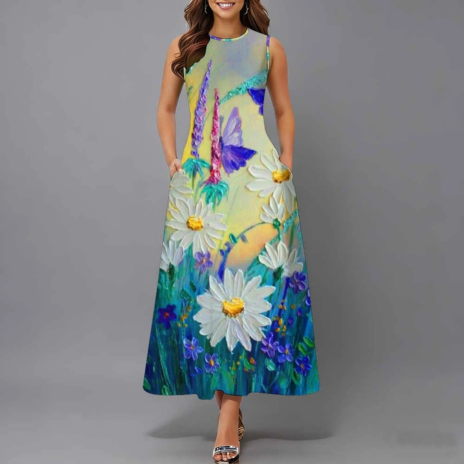 Women Sleeveless Long Maxi Dress With Pockets 3D Oil Painting Print Casual Loose Summer Vacation Party Sundress