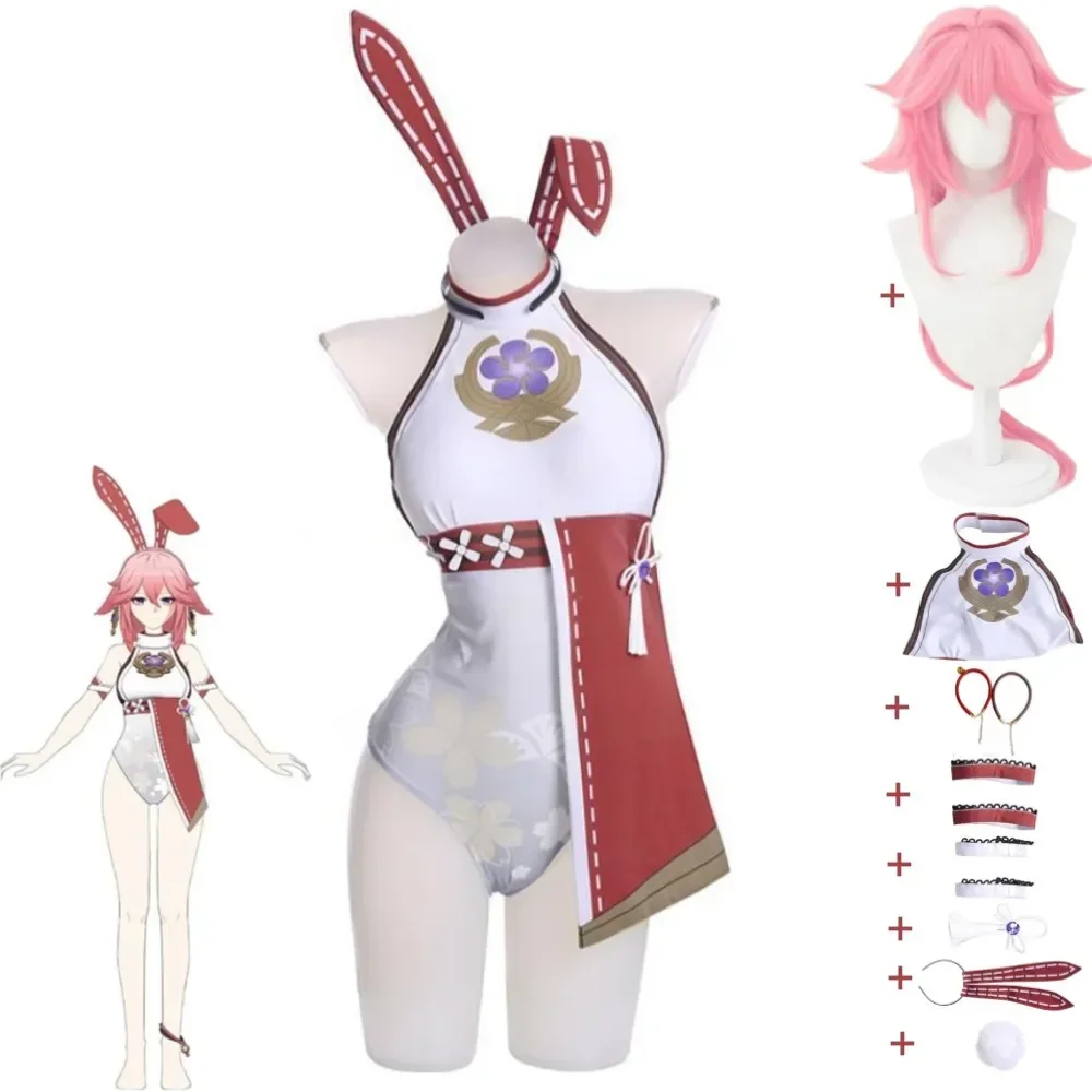 Anime Game Genshin Impact Yae Miko Cosplay Costume Wig Inazuma Narukami Island Doujin Sexy Women Hallowen Bunny Girl Uniform