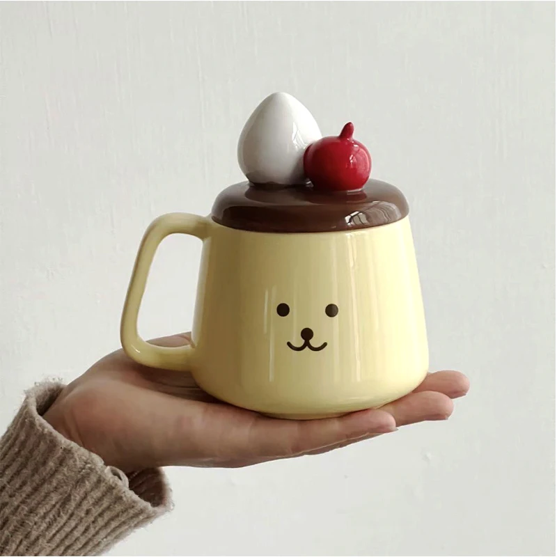 New Kawaii Sanrio Pompompurin Cartoon Cute Anime 350Ml Cover Cup Mug Ceramic Cover Milk Breakfast Cup Birthday Gift Girls