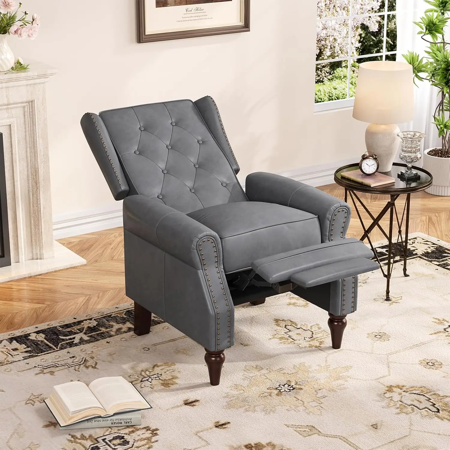 Small Recliner Chair Set Of 2, Modern Faux Leather Recliner With Tufted Buttons And Metal Rivets, Wingback Arm Chairs With