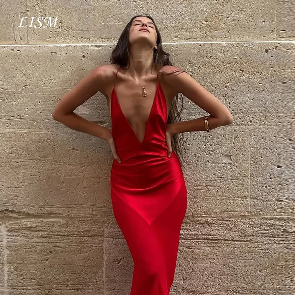 

LISM Sexy Red Mermaid Backless Evening Dresses V-Neck Silk Satin Long Elegant Prom Dresses Customized For Party robe de soirée