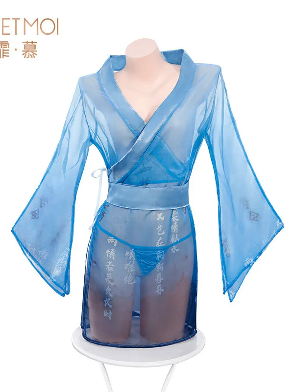 Blue Chinese Style TVVOVVIN Mini Dress V Neck Mesh Sheer Fairy Tops Printed Robe Sexy Uniform Pure Desire Dress Elegant KH8V