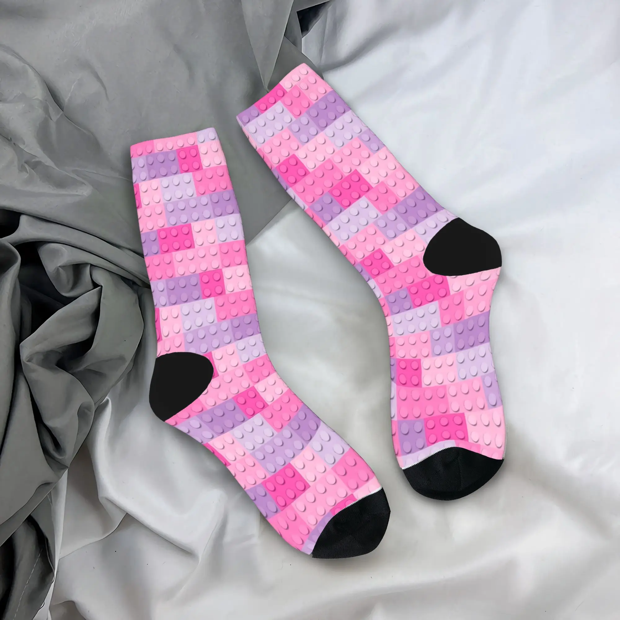 Light Pink Purple Building Blocks Pattern Stockings Funny Socks Men Breathable Socks Autumn Skateboard Printed Anti Socks