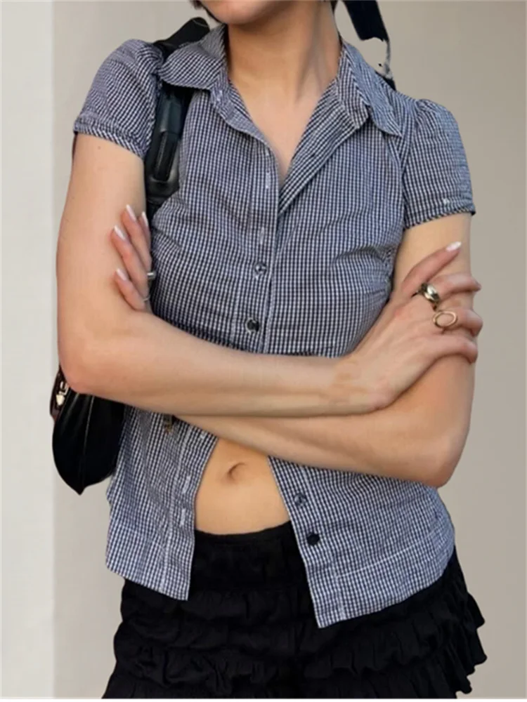 

Y2k Harajuku укороченные топы летние женские повседневные клетчатые блузки с короткими рукавами на пуговицах эстетичная одежда уличная одежда