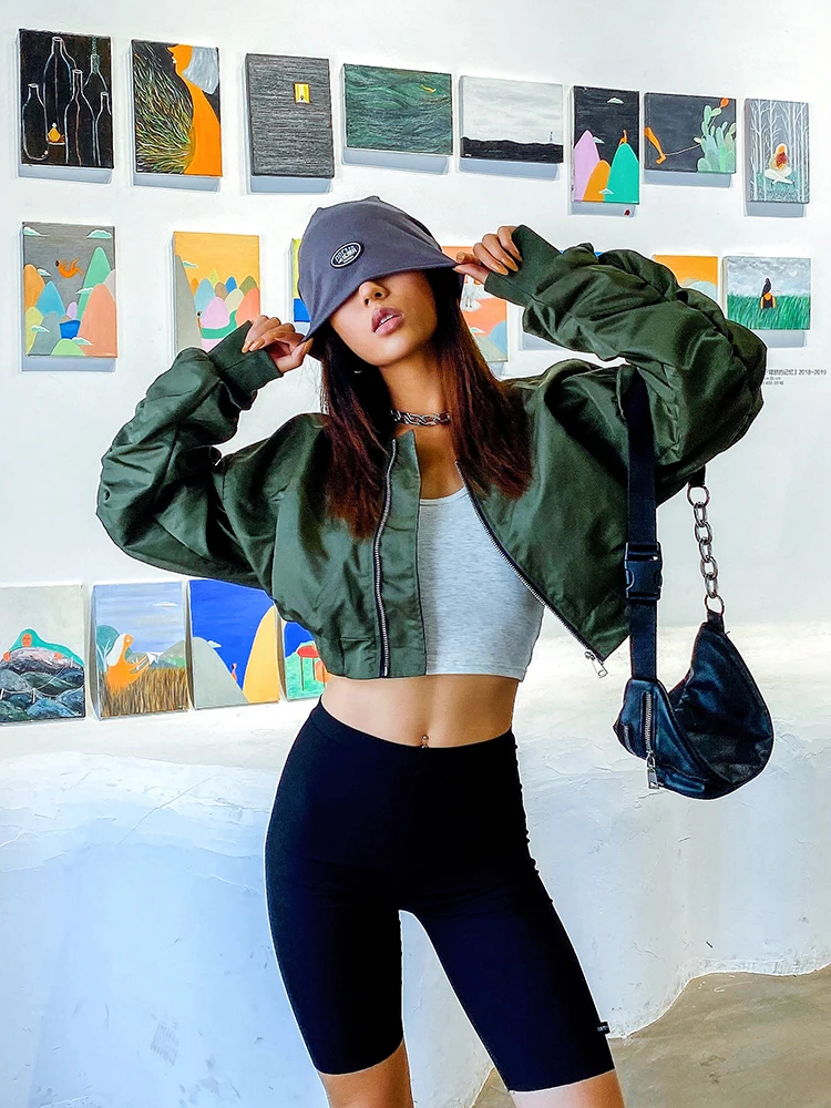 

European and American Casual Short Jackets Versatile Military Green Zipper Loose Work Baseball Suit Silhouette Top