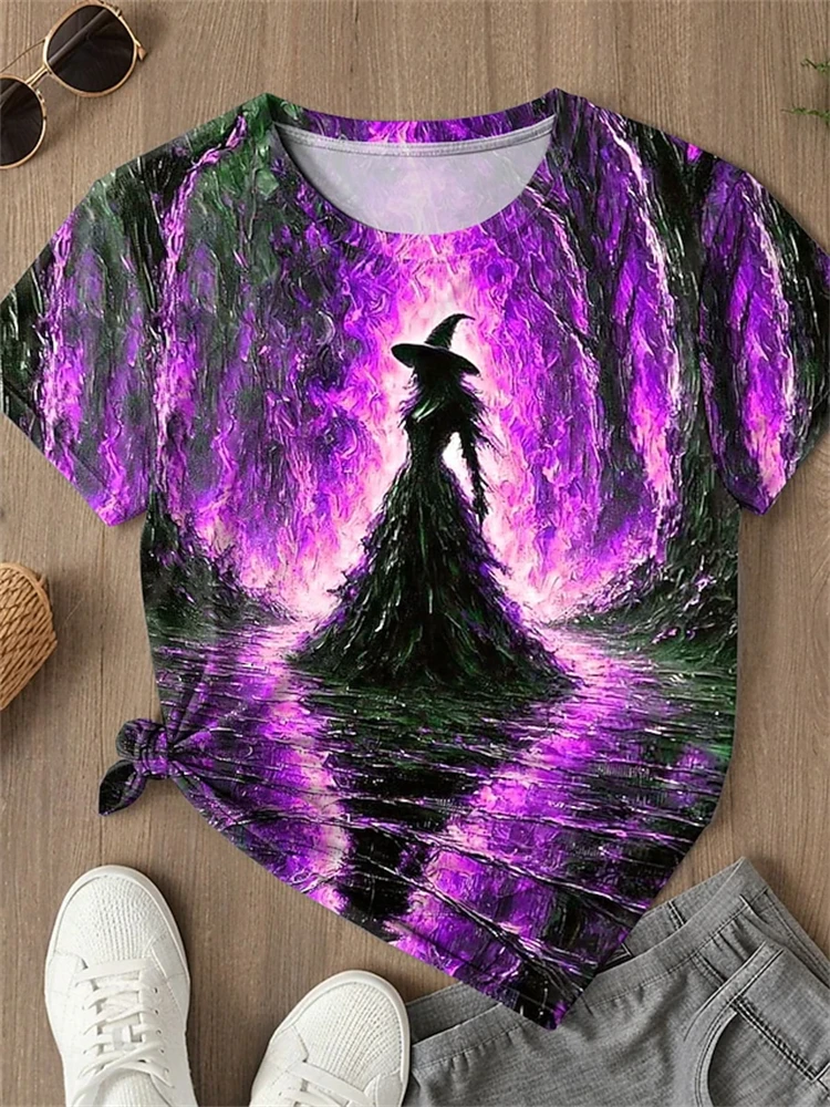 Halloween Theme Exquisite Witch Design Women's T-Shirt Plus Size Loose-Fit Crew Neck Short Sleeve Perfect For Holiday Parties