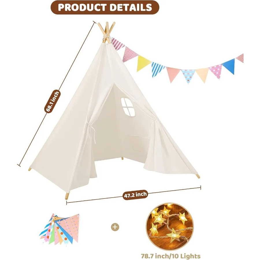 Barraca tipi de lona natural para crianças, 4 pacotes, barracas tipi para festa de meninas com barraca de brincar lavável interna, inclui transporte
