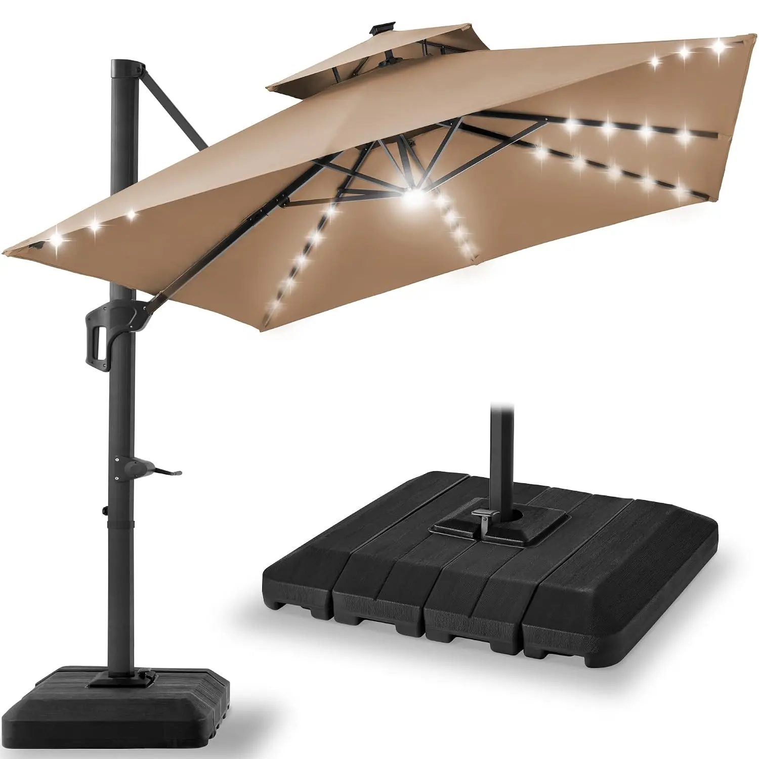 10x10ft Cantilever Patio Umbrella w/Base Included, Solar LED Lights 360 Rotation Large Offset Hanging Outdoor Shade, Customized