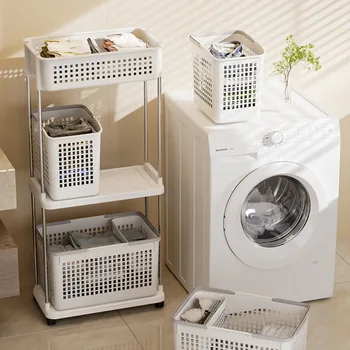 롤링 카트 더러운 옷 바구니, 세탁 보관 트롤리, 바퀴 달린 세탁 바구니, 욕실 주방 다기능 트롤리