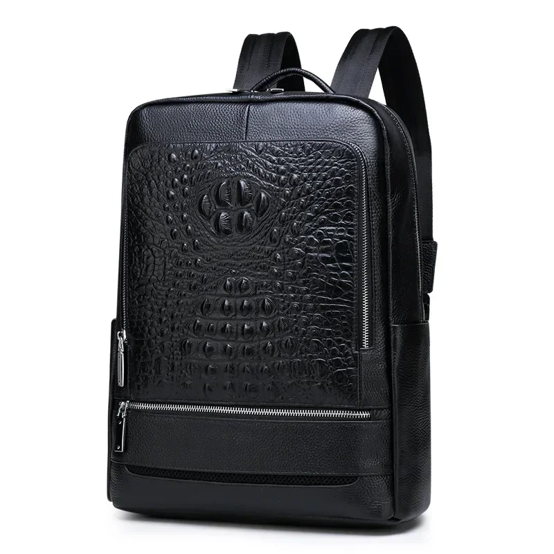 2024 New Cow Genuine Leather Men Backpacks Alligator Real Natural Leather Student Backpack Luxury Brand Computer Laptop Bags