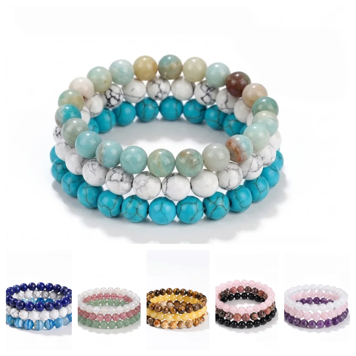 3Pcs Natural stone Beaded Bracelets Set for Men Women Unisex Elastic Stretch Band Balance Mindfulness Wristband Jewelry Gifts