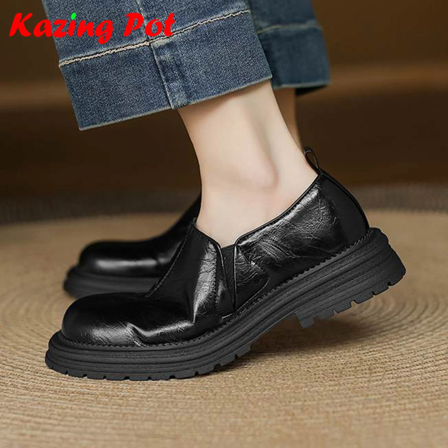 

Krazing Pot 2026 Осенние оксфорды из микрофибры с круглым носком на среднем каблуке без шнуровки в британском школе, большие размеры 43, 42, уютные женские туфли-лодочки Ins