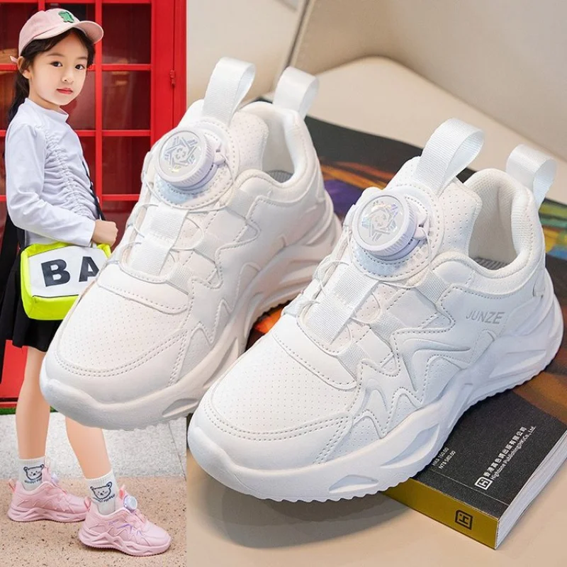 Boys 'And Girls' Sneakers New Spring Leather Surface Rotating Button Fashion Medium and Large Children's Running Shoes Casual Sh