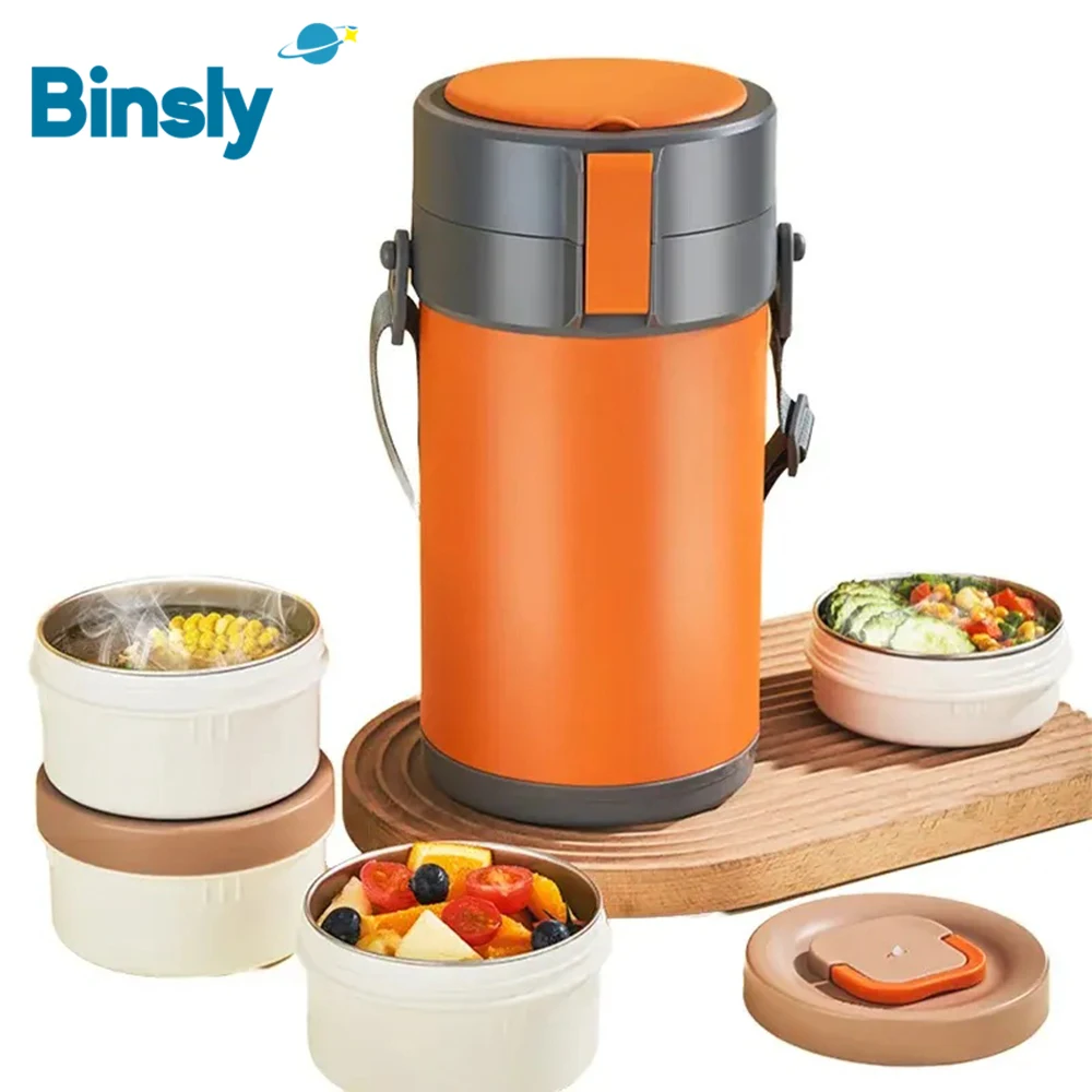

Heat Preservation Pot With Tableware Storage 4-in-1 Picnic Food Container with Strap Stainless Steel Thermal Bento Box for Adult