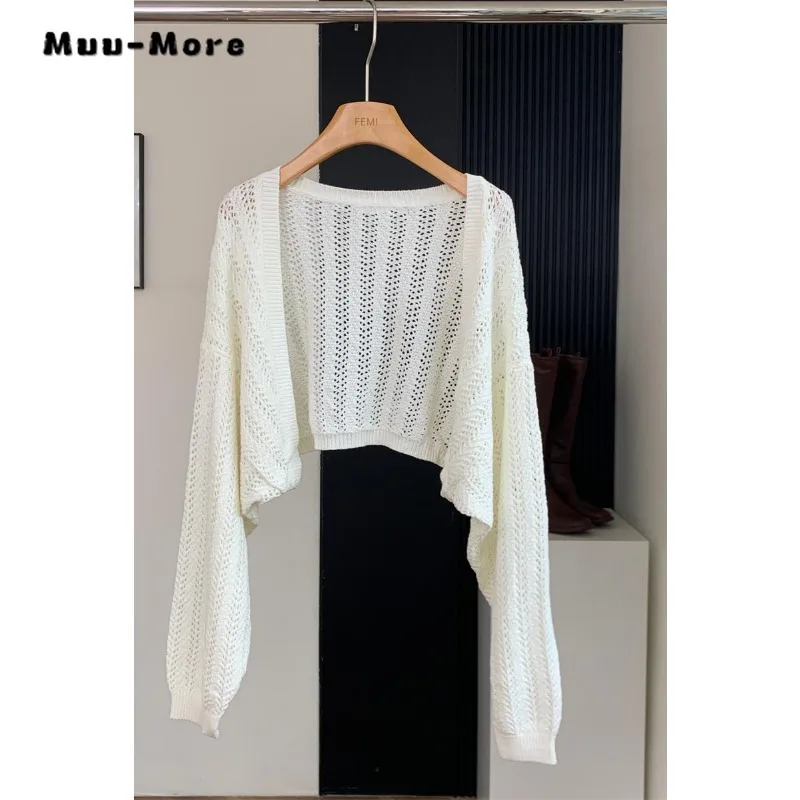 2023 Autumn Winter Korean Style Solid Color Hollow Out Hollow Out Cropped Knitted Cardigan for Women Loose Knitwear Coat