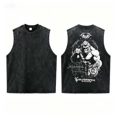 Washed Black Sleeveless Gym Tank Top, Retro Silverback Gorilla Print, Fitness Streetwear Vest, 100% Cotton Oversized Fit