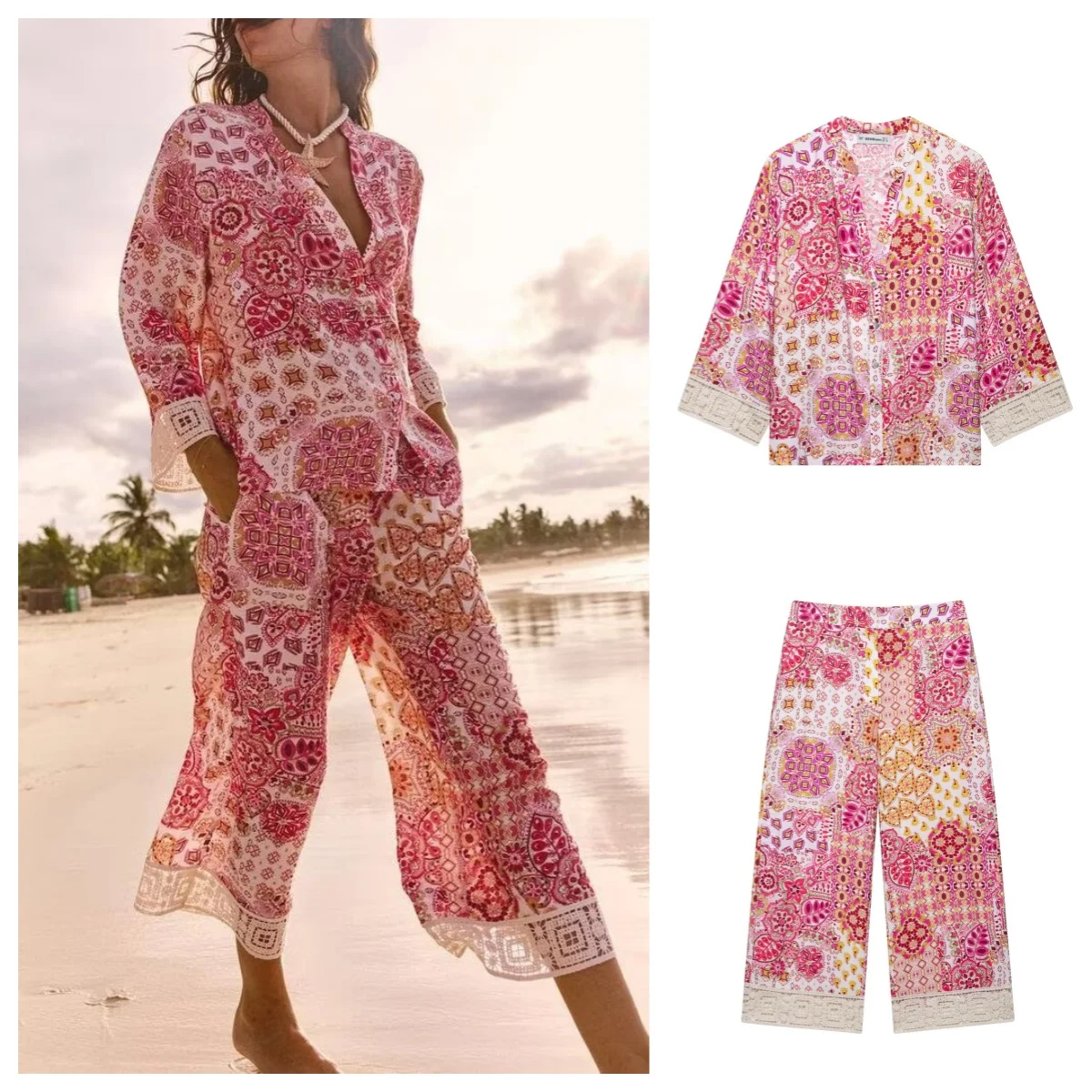 European and American style spring new print casual suit loose long-sleeved shirt with mid-waist straight wide-leg pants