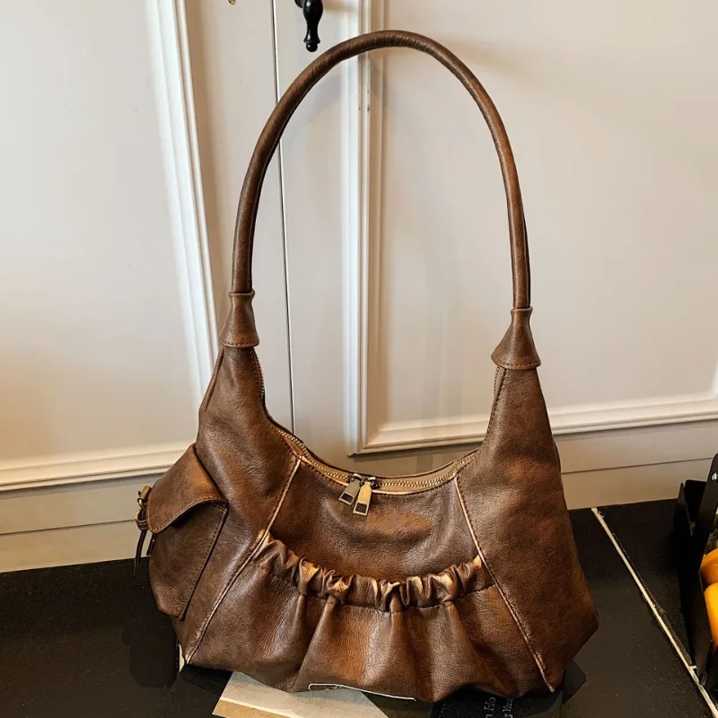 

Women Retro Shoulder Bag PU Leather Luxury Armpit Purse Zipper Closure Simple Shoulder Purse Girls Outdoor Daily Street Tote Bag