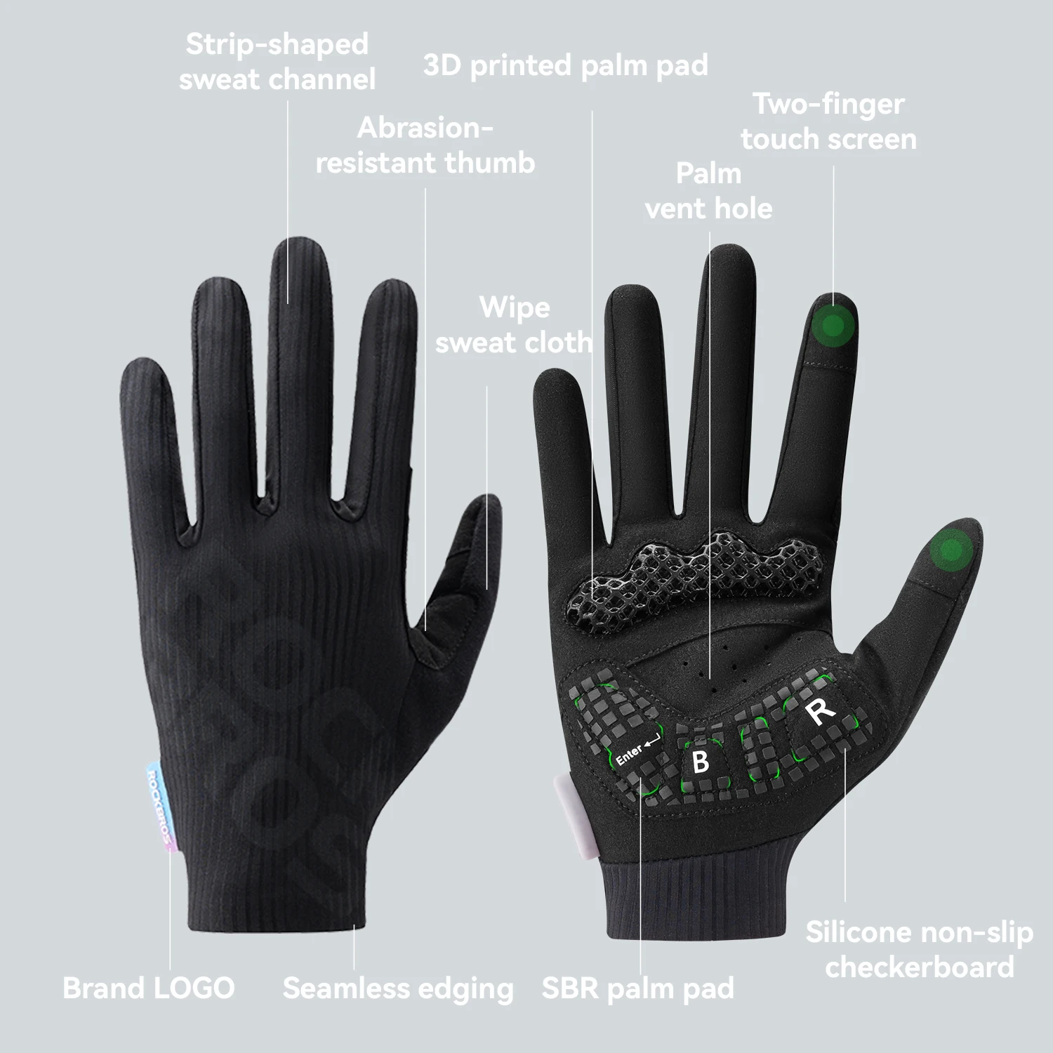 ROCKBROS Cycling Full Finger Gloves 3D Print Palm Pad SBR Shock Absorption Cushion Long Finger Gloves Non-slip Cycling Gloves