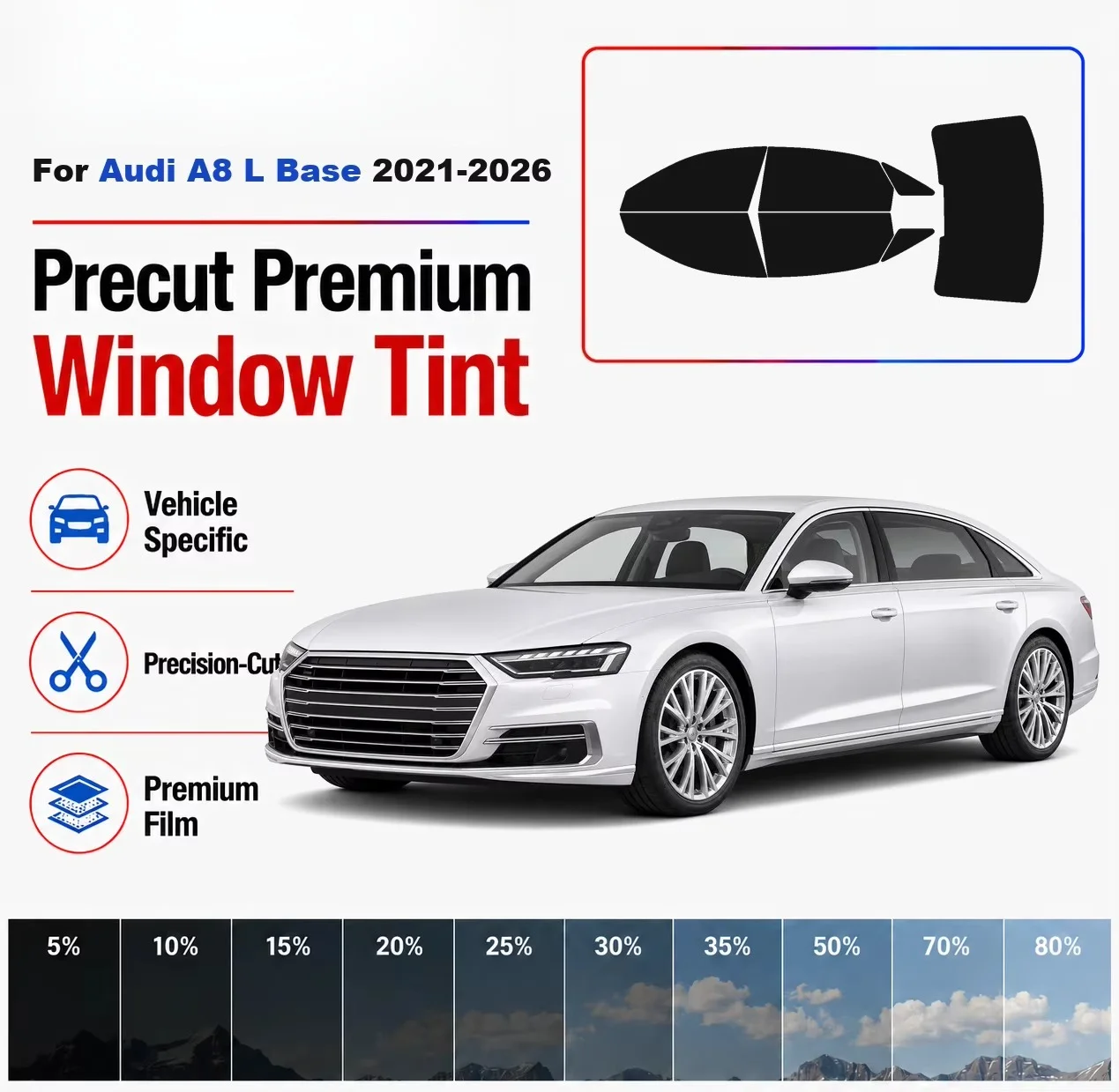 Premium Precut Window Tint Kit Front Rear Windows Rear Windshield For Audi A8 L Base 2021-2026 Complete Set Nano Ceramic Film