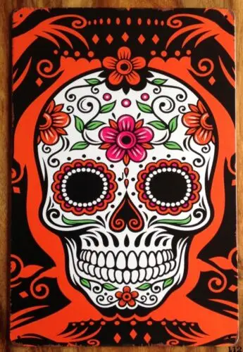 Metal plaque vintage retro style Orange Skull Classic tin door sign Tattoo