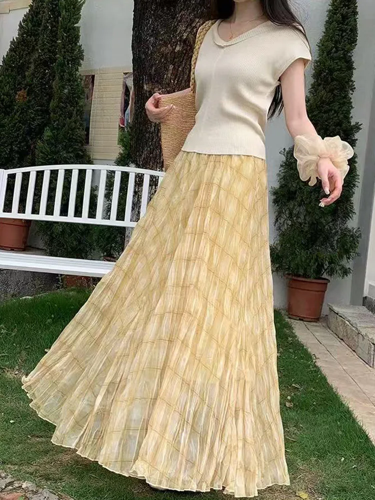 Plaid Mesh Midi Dress Women Korean Loose Folds A Line Skirt Y2K Summer High Waist Sweet All Match Chiffon Pleats Skirts New