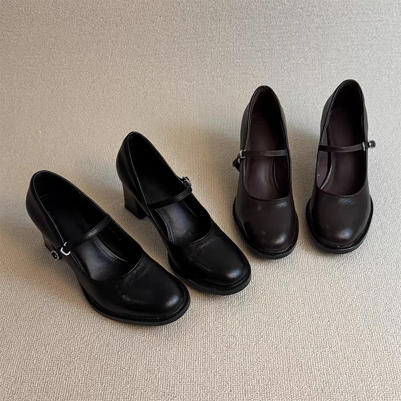 Zapatos de tacón alto para mujer, Zapatos de cuero gruesos y poco profundos a la moda, Zapatos de tacón para primavera 2026, vestido elegante de lujo para mujer