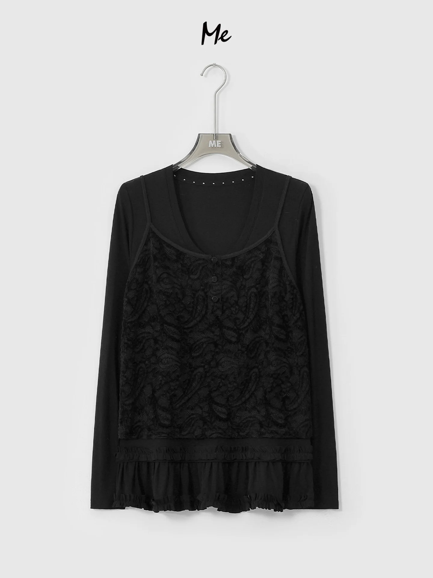 

Faionable T-irt Top Paris Bla Rose Two-Piece Set Silk Wool Lace Casual Loose Fit Long Sve Breathable Spring Wear