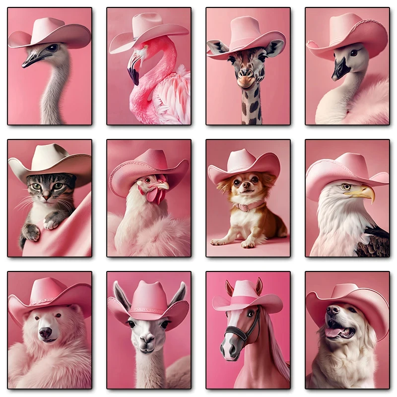 Flamingo Giraffe Horse Tiger Wearing Cowboy Hat Fashion Pink Funny Animal Poster Canvas Printing Wall Art Picture for Home De