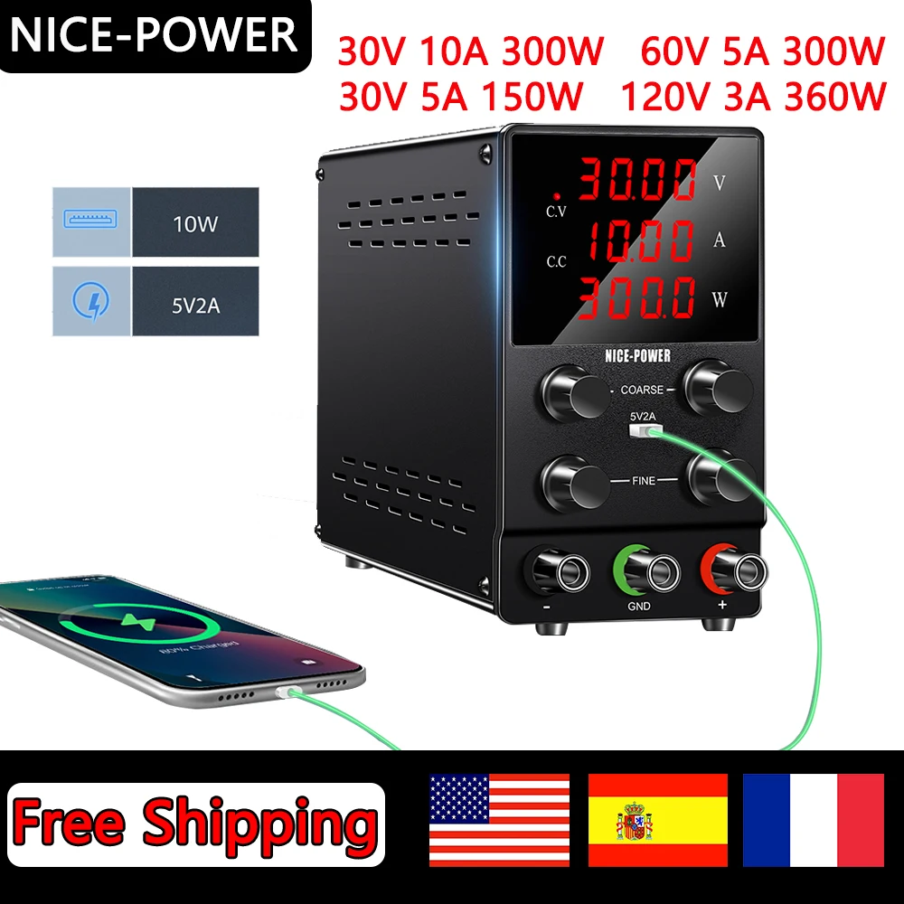 NICE-POWER 30V 5A 10A 60V DC Power Supply Adjustable Switching Regulated High Precision 4-Digits LED Display 5V/2A USB Port Test