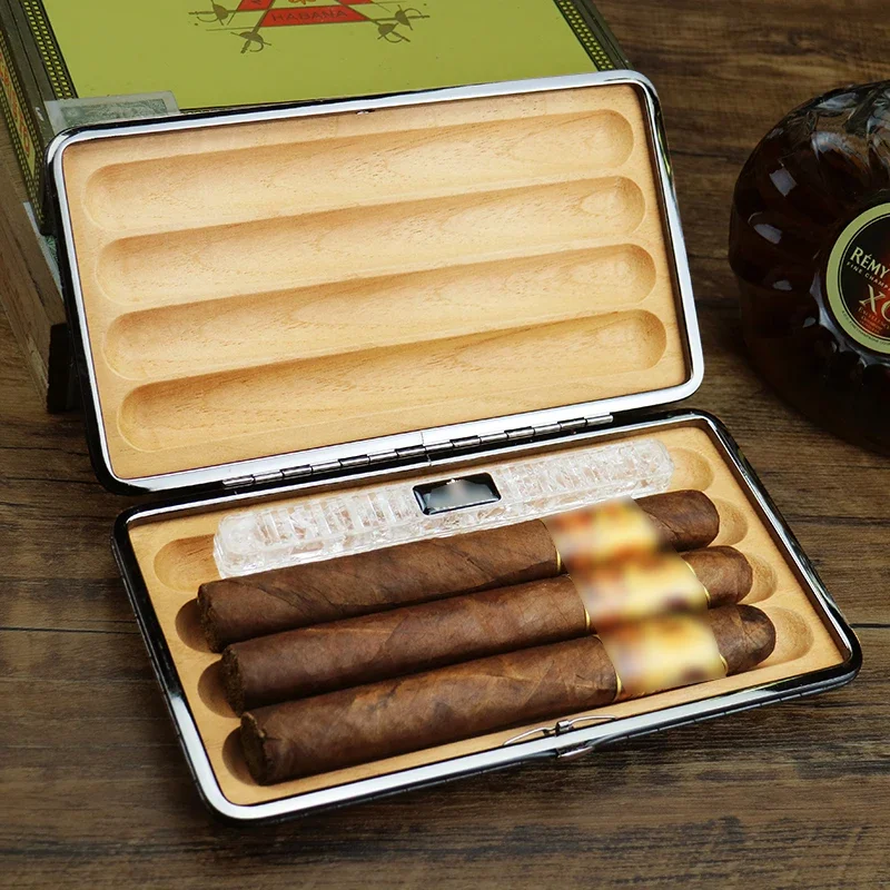 Portable Leather Cigar Case Cuba Cigar Box Moisturizer Cedar Wood 4Cigars Humidor Humidifier Cigar Smoking Accessories Men Gift