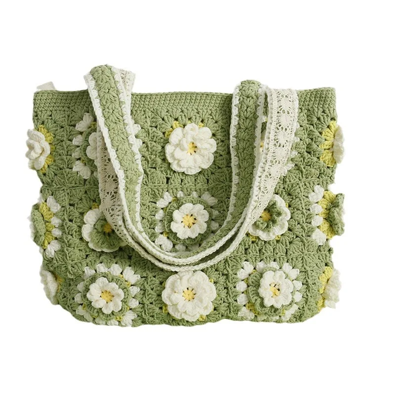 Summer sweet hand-woven shoulder bag, matcha flower piece wool crocheted women's bag, handmade satchel finished product