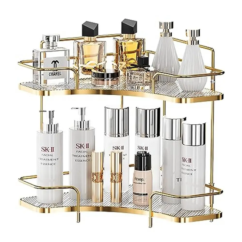 

2 Tier Triangle Corner Cosmetic Skincare Perfume Storage Organizer Rack Tray Metal Frame Bathroom Kitchen Countertop Display