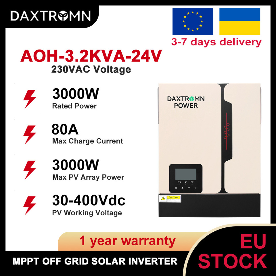Daxtromn 3KW 24V Hybrid Solar Inverter MPPT 80A Pure Sine Wave Off Grid Inverter MAX PV 400Vdc for Home Backup