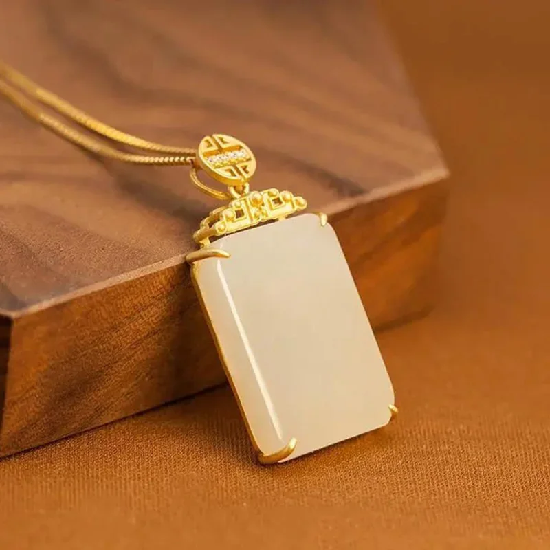 New design diamond-encrusted ancient gold craft rectangular Hetian jade pendant necklace elegant and generous ladies jewelry