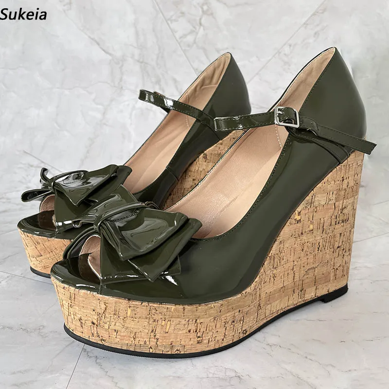 

Sukeia Women Platform Pumps Patent Wedges Heels Peep Toe Pretty Butterfly Knot Army Green Party Shoes US Plus Size 5-20