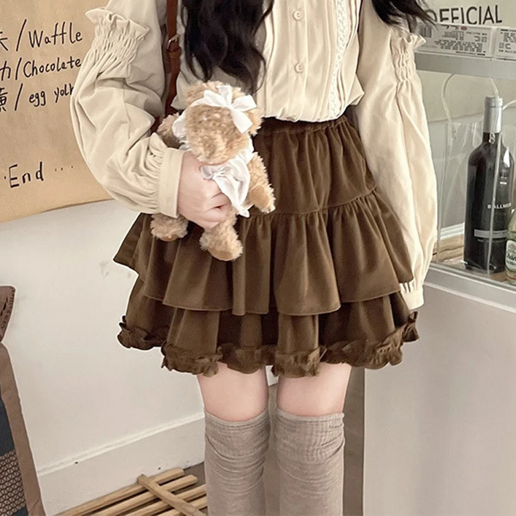 90s Winter Ruffle Brown Kawaii Lolita Pleated Skirt Women Fairy Y2k Mini Skirt Female Korean Fashion Cute Mini Cake Casual Skirt