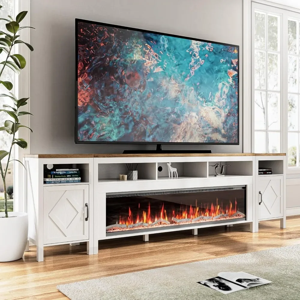 

Fireplace TV Stand for TVs Up to 110 Inch,with 60" Electric Fireplace,White TV Console,Farmhouse Entertainment Center