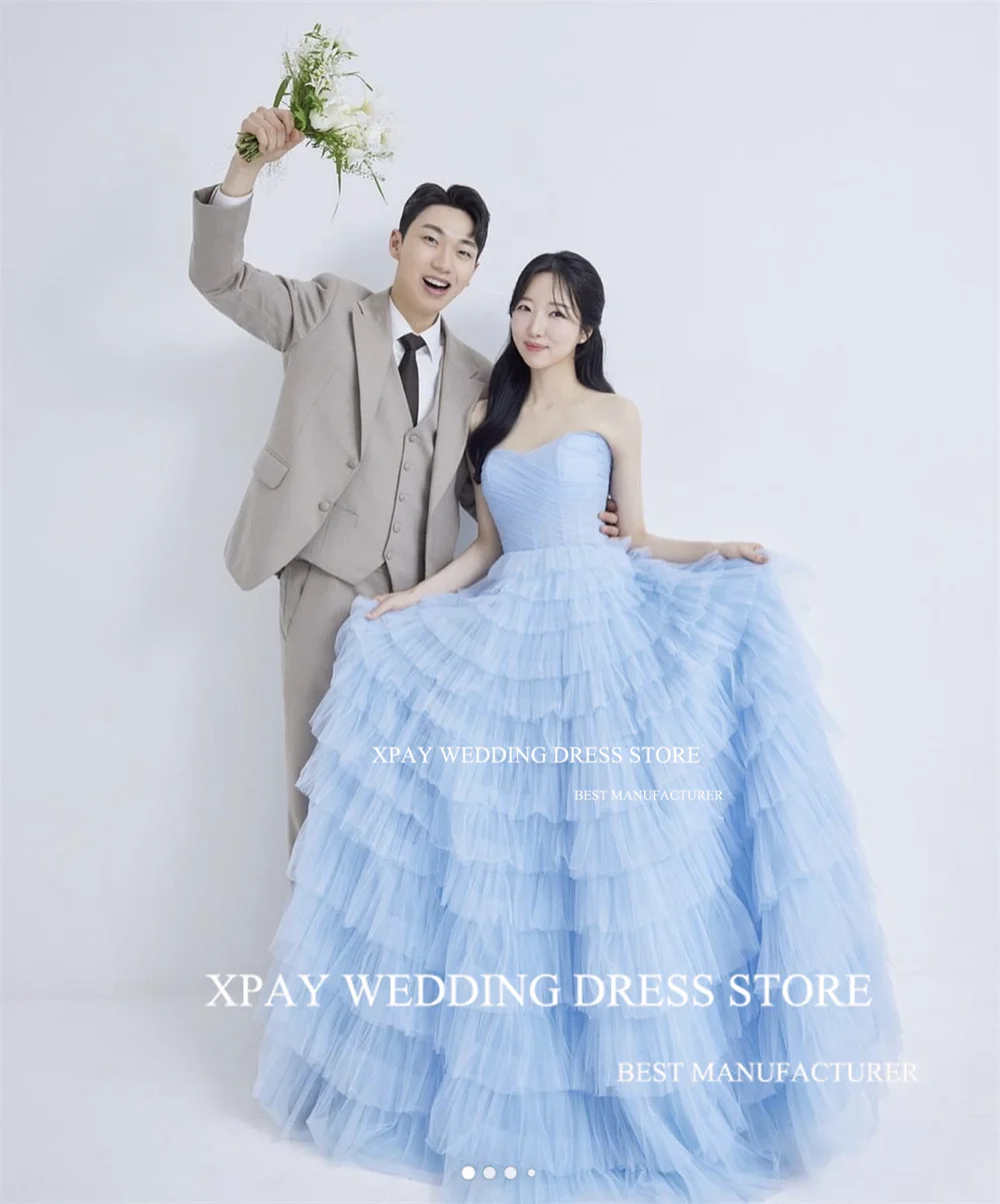 XPAY Ruched Tiered Korea Wedding Dresses Strapless Sky Blue Tulle Bridal Gown Custom Sleeveless Backless Photo Shoot Bride Dress