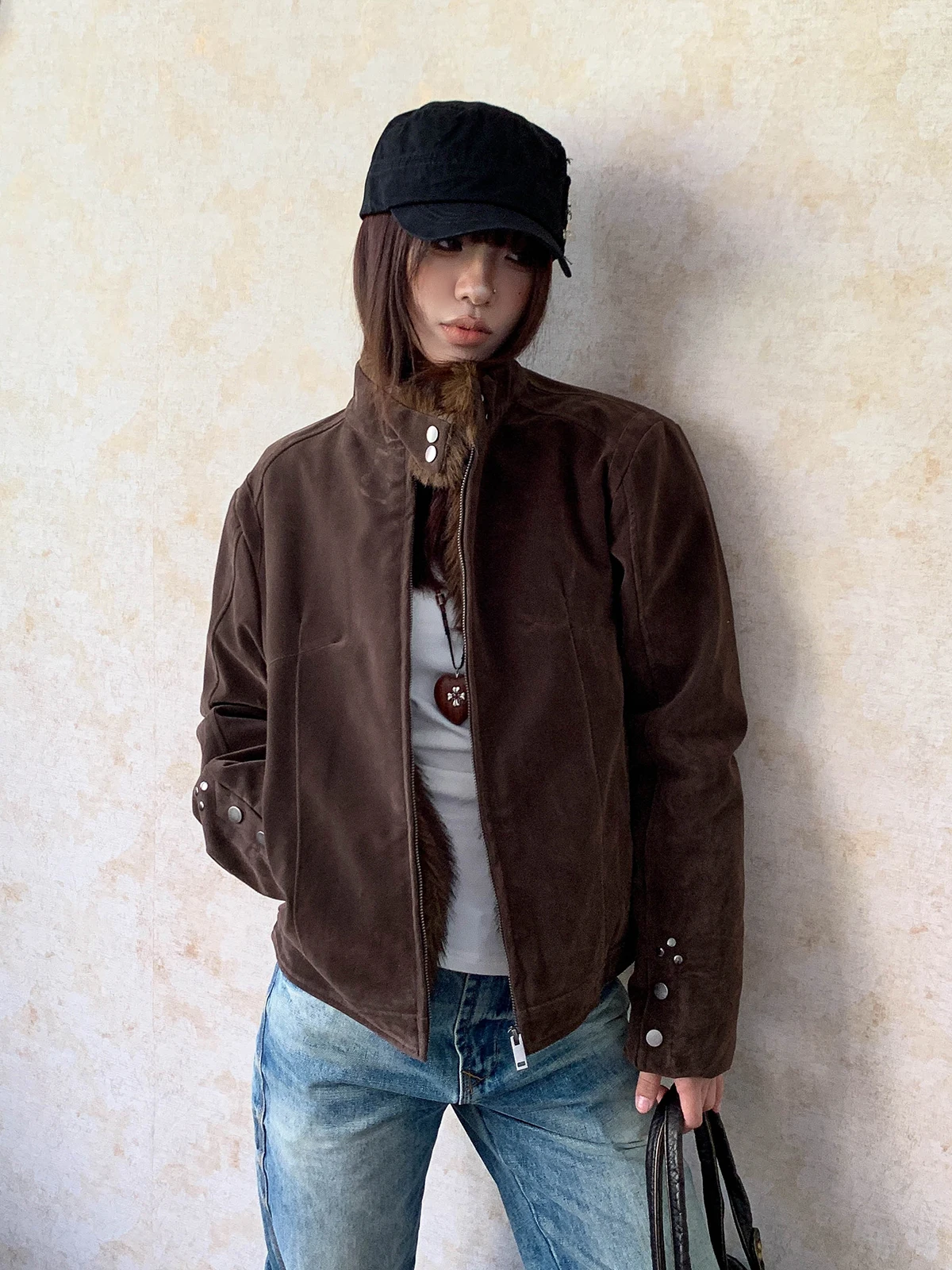 

Aket American Retro Suede Jaet Women's Modern Vintage Stand Collar Fce Lined oulder Length Outerwear Polyester Blend