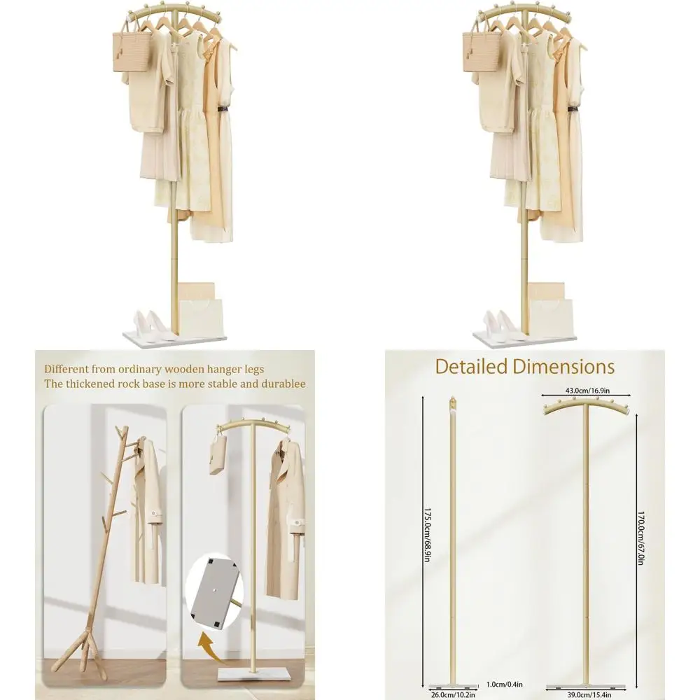 

Золотистая металлическая арочная вешалка для одежды 68,9 дюйма с основанием из натурального камня для прихожих, коридоров и холлов