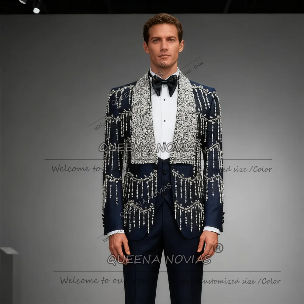 

Блестящие костюмы с кисточками из бисера, мужские костюмы для свадьбы, комплект из трех предметов с широкими лацканами и блестками, пиджаки для выпускного вечера, индивидуальные смокинги для жениха