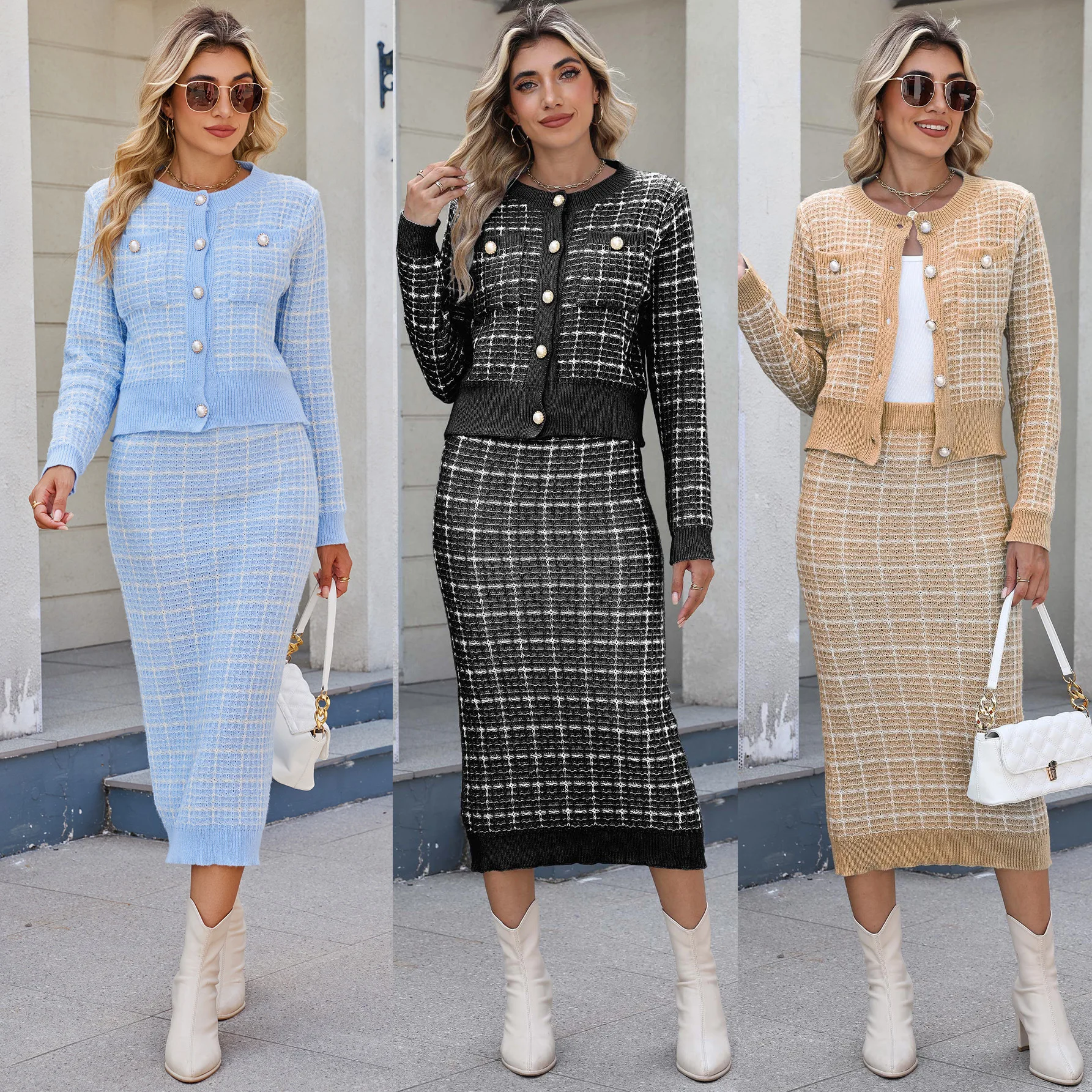 

Женский комплект из двух предметов, осенне-зимний клетчатый свитер и юбка в клетку, элегантный женский открытый кардиган, плюс облегающая юбка