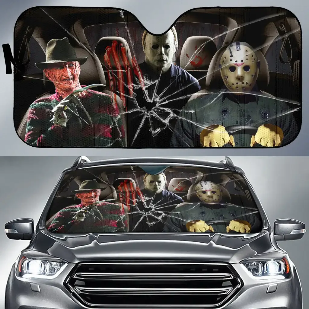 Halloween Horror Movies Freddy Michael And Jason Broke Glass Car Auto Sunshades