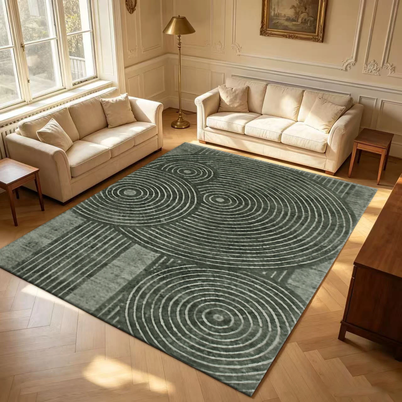 Dark Green Concentric Circle Geometric Carpet Flooring Retro Textured Large Area Rug for Living Space Home Decoration